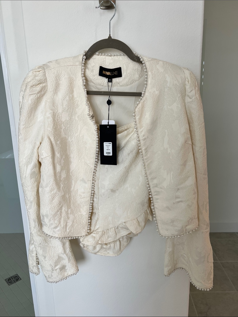 FASHION NOVA NOVALUXE Cream Floral Jacquard Jacket and shorts